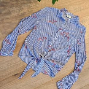 Tie Front Striped Floral Blouse.